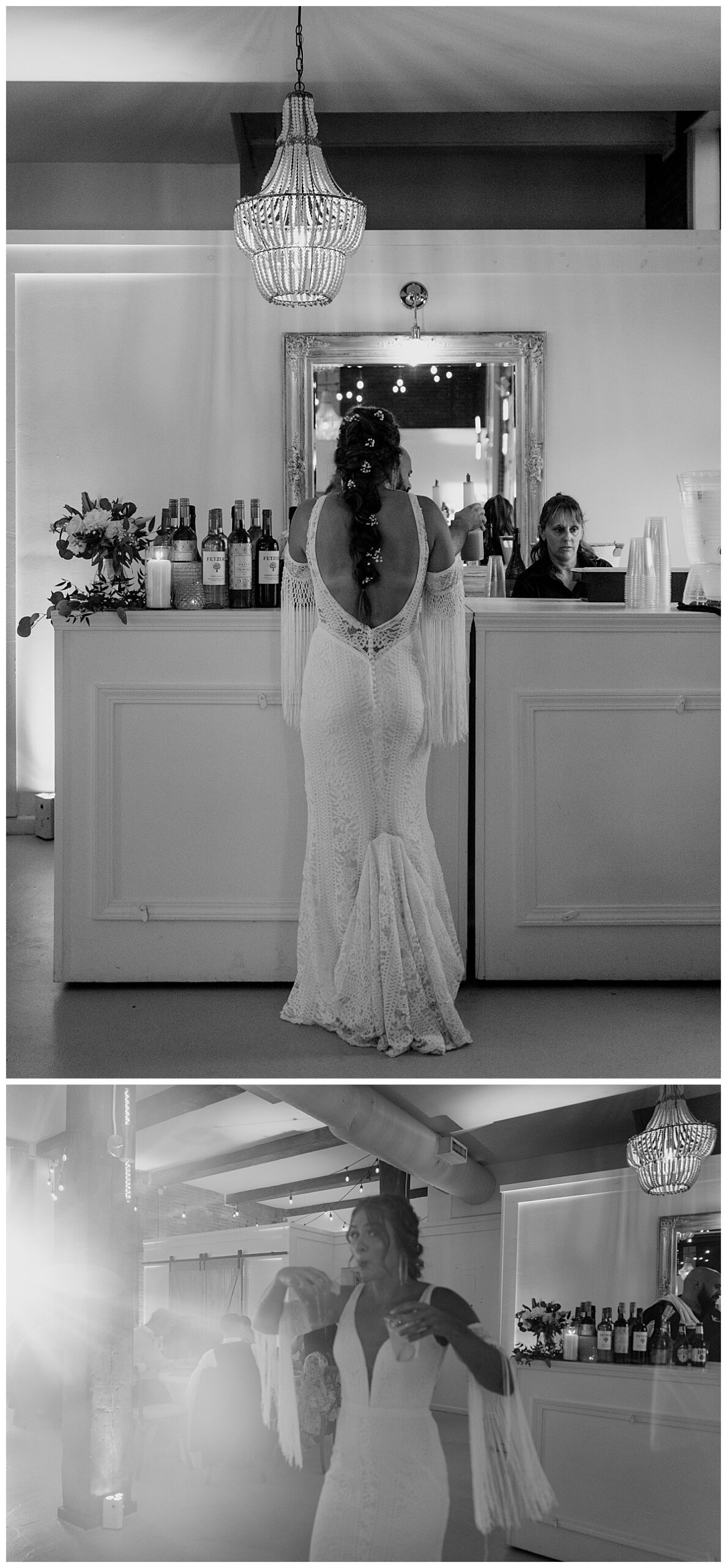 bride gets drinks at bar at River Room during reception