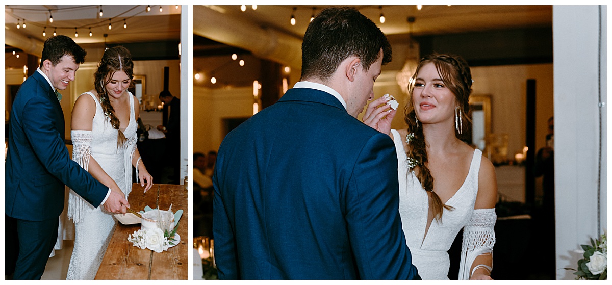 bride and groom cut cake and feed each other by The Hazel Club
