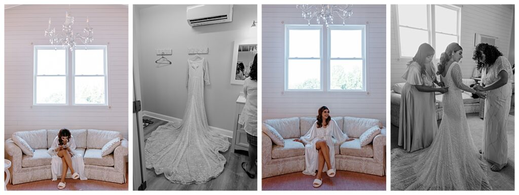 bride gets ready and sits on white couch by The Hazel Club