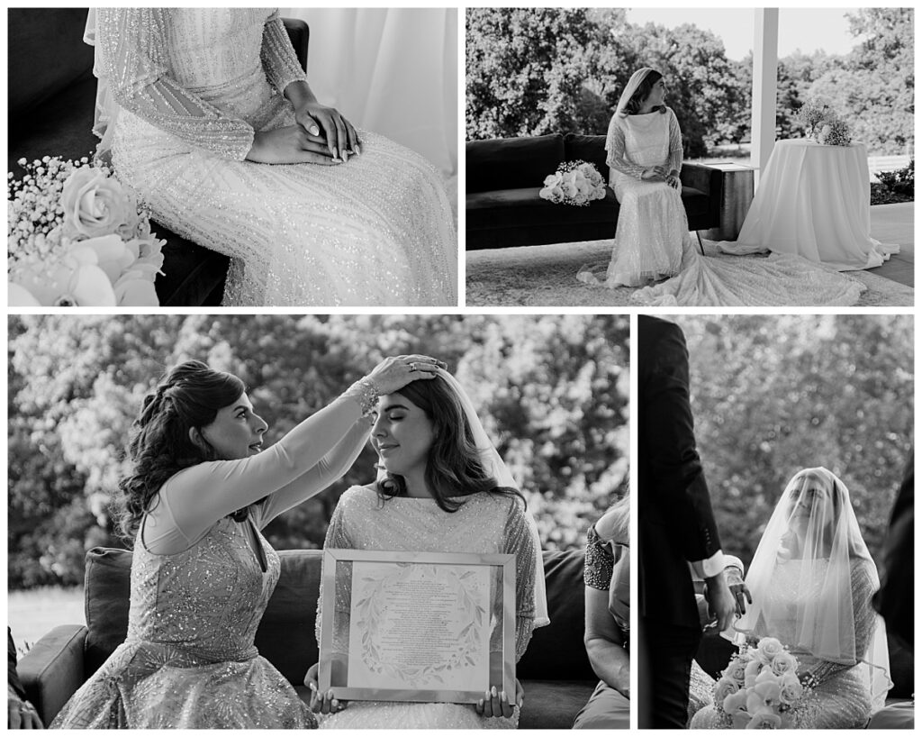 bride sits on couch next to mother before modern barn ceremony