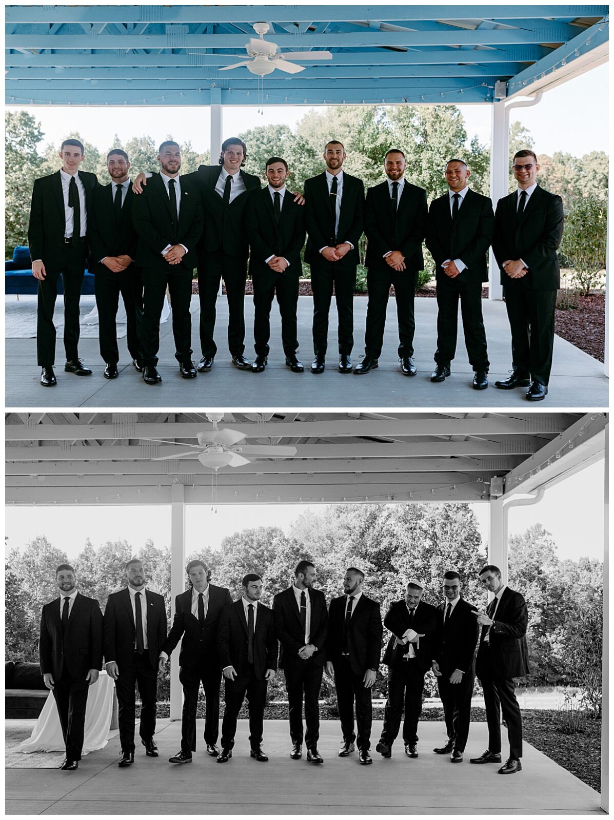 groomsmen stand together with hand folded in front of them by North Carolina wedding photographer