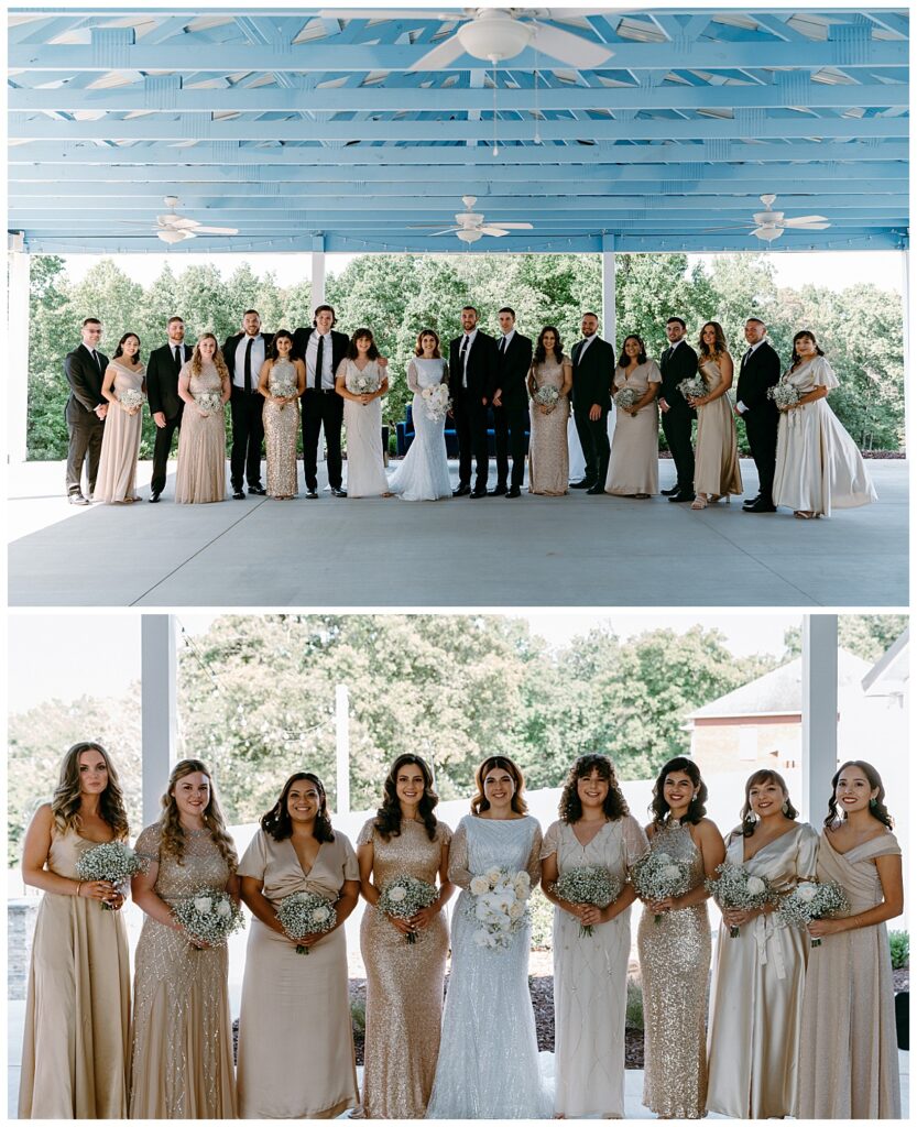 bridal party stands together holding flowers by The Hazel Club