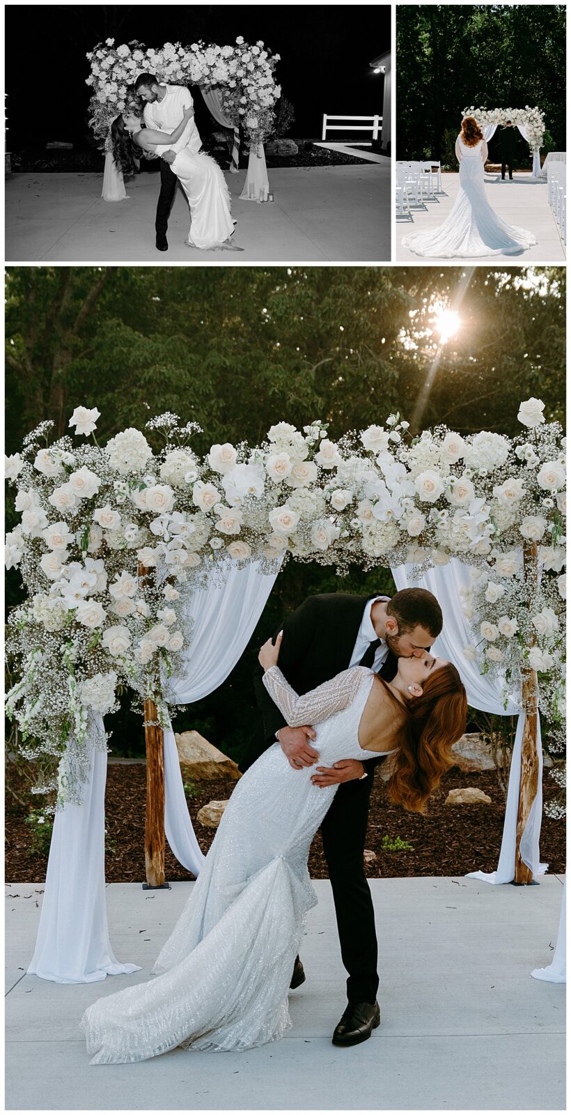 groom dips bride under floral arch at modern barn ceremony