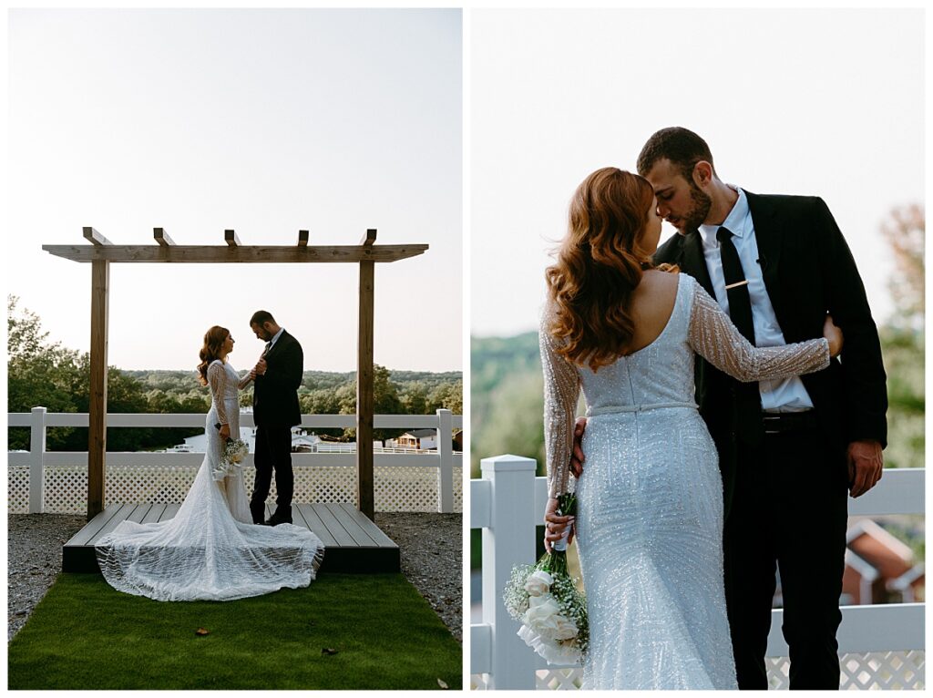 woman puts hand on man's chest as she holds flowers by North Carolina wedding photographer