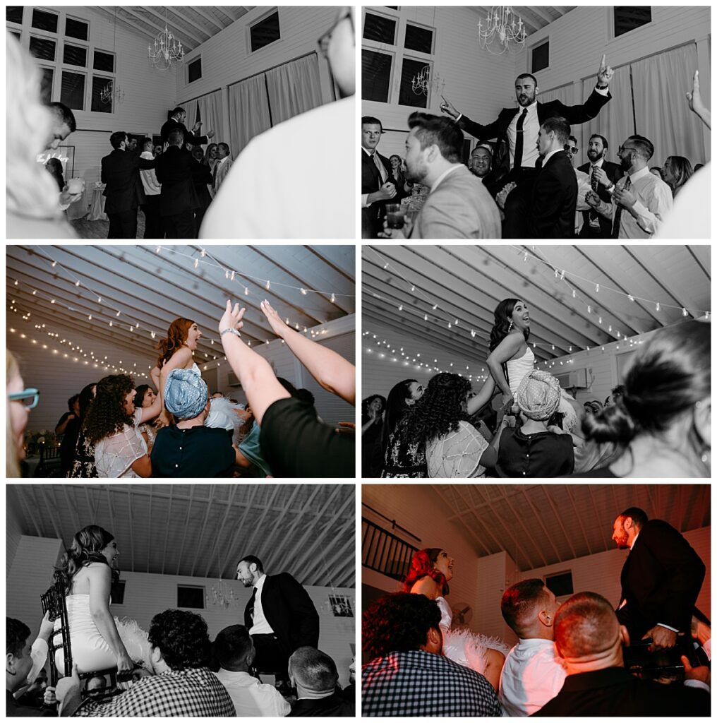 bride and groom sit in chairs lifted above guests at modern barn ceremony