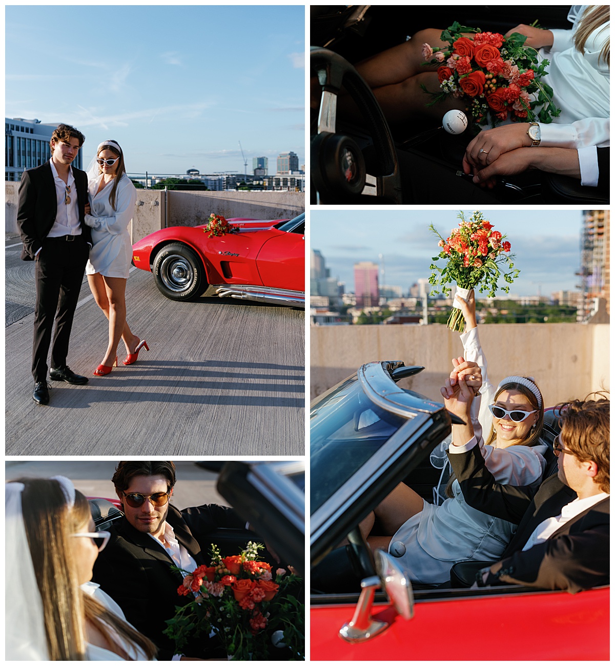 man and woman hold hands sitting in vehicle together by Charlotte engagement photographer