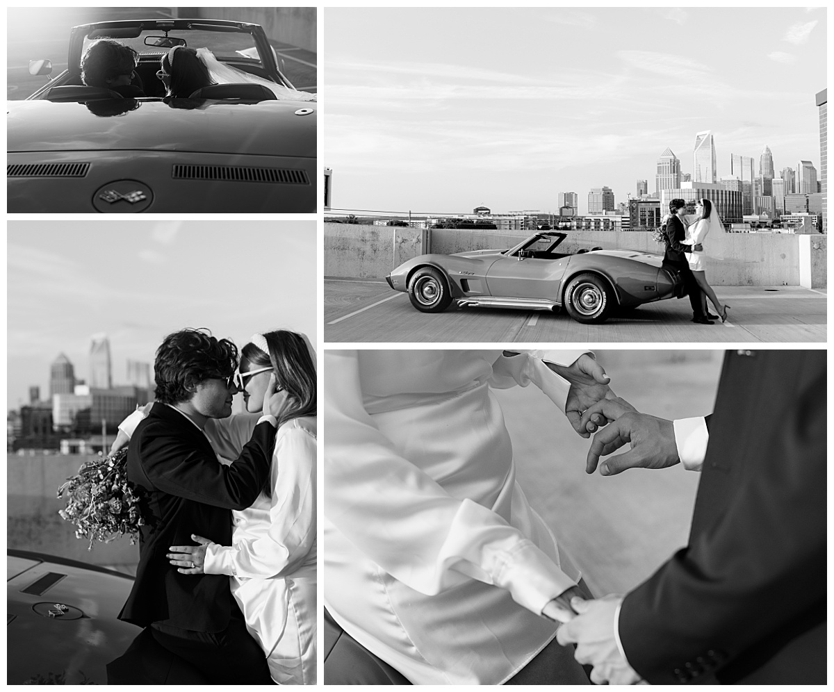 soon to be bride and groom drive off in car together by The Hazel Club