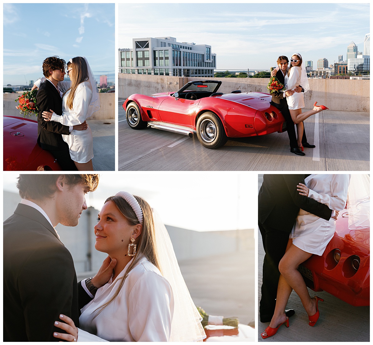 man leans on car holding woman close to him during rooftop session