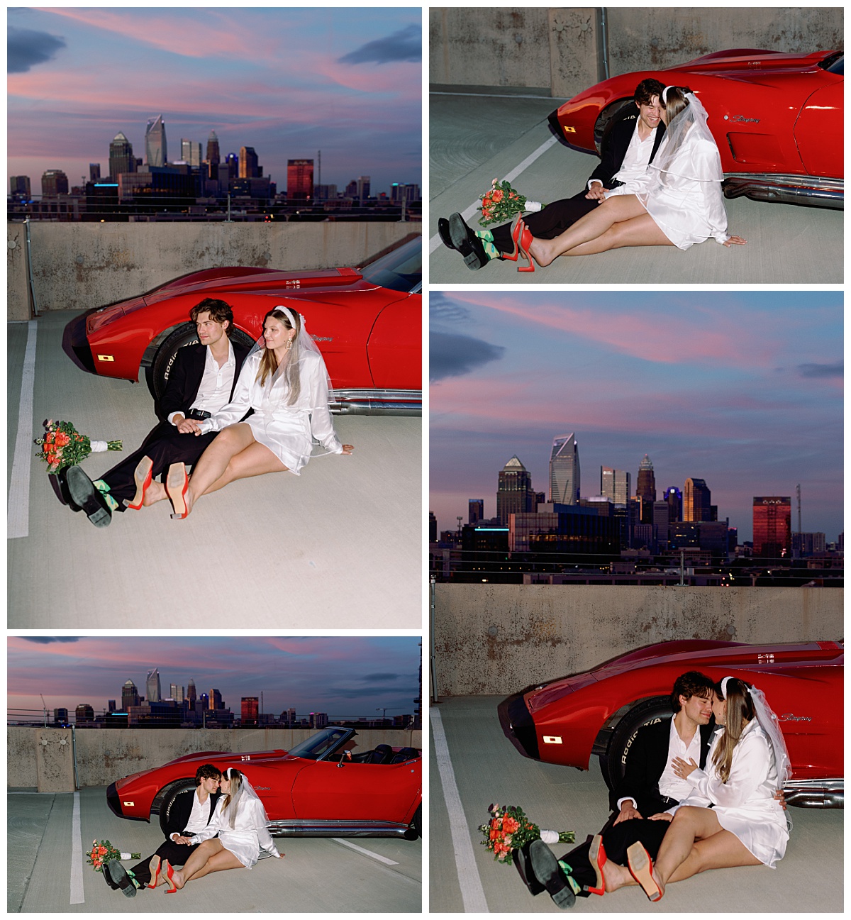 man and woman sit on ground in parking lot holding hands by Charlotte engagement photographer