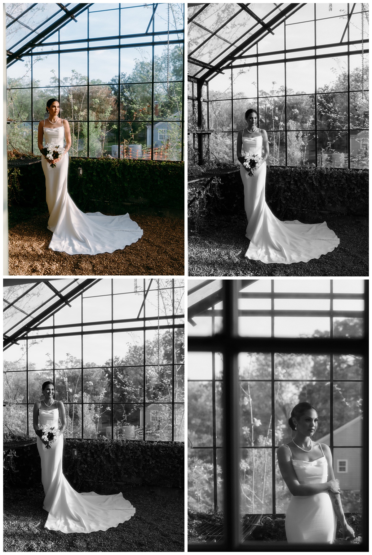 woman holds bouquet in greenhouse at VanLandingham Estate bridal session