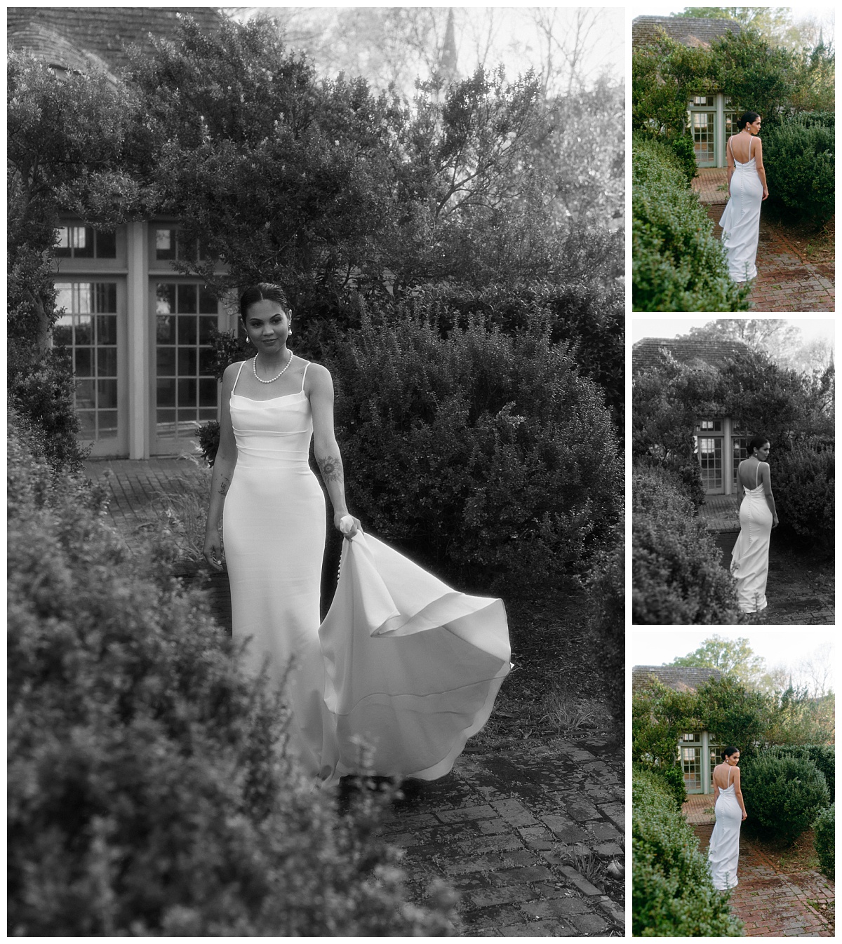 lady holds up train of gown as she walks outside by The Hazel Club