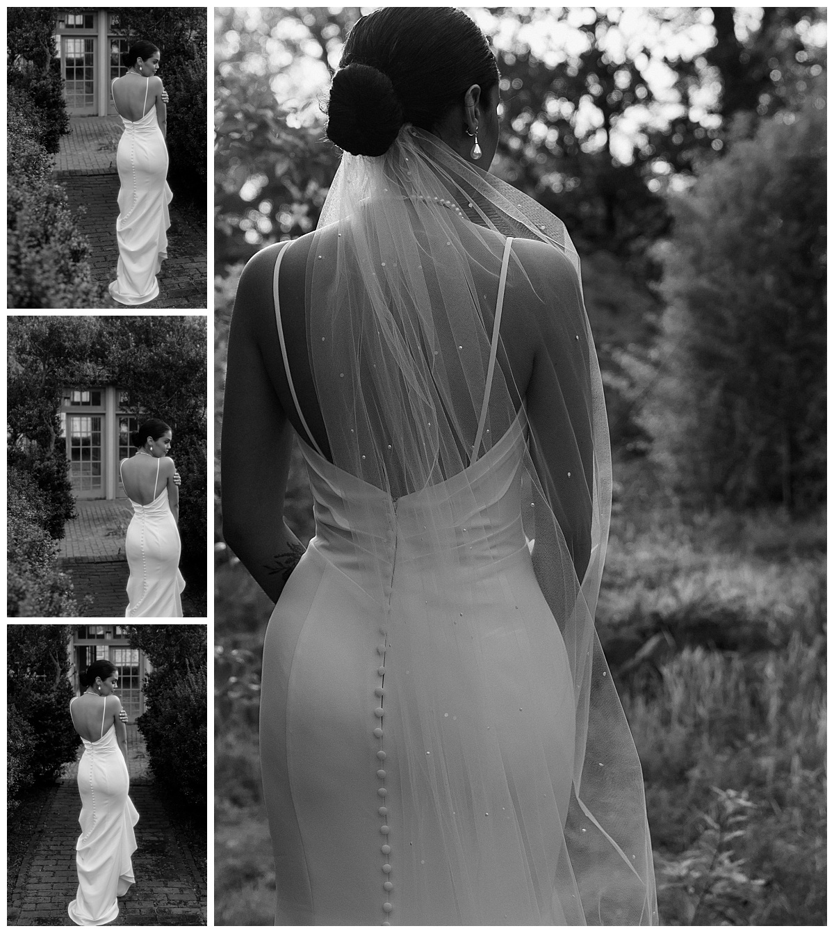 details of gown shown off as woman walks in garden at VanLandingham Estate bridal session
