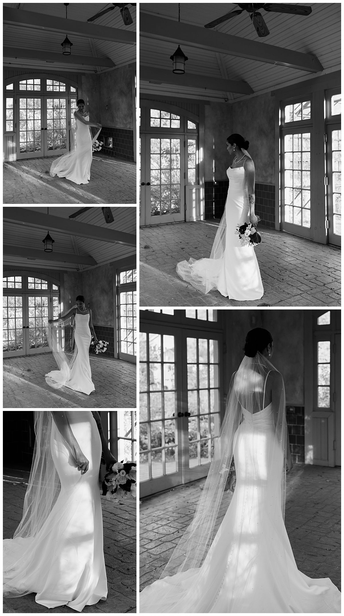 lady holds out veil in enclosed outdoor patio by The Hazel Club