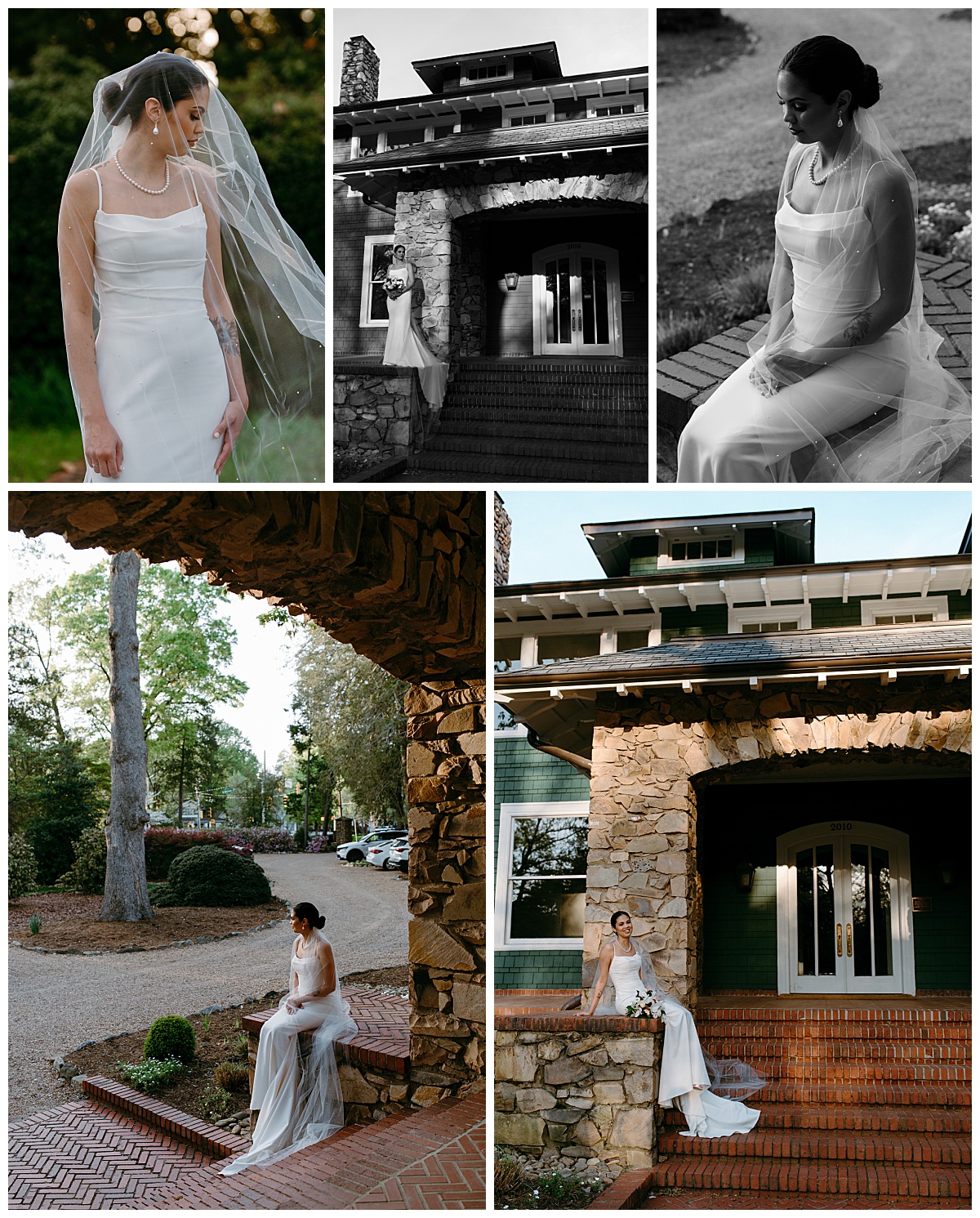 woman sits on front steps at VanLandingham Estate bridal session