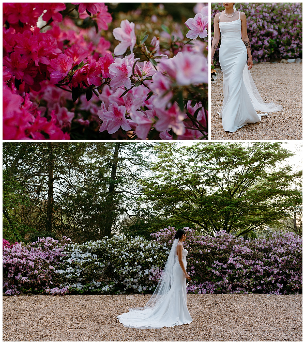 tattooed bride walks along rock path by Charlotte wedding photographer