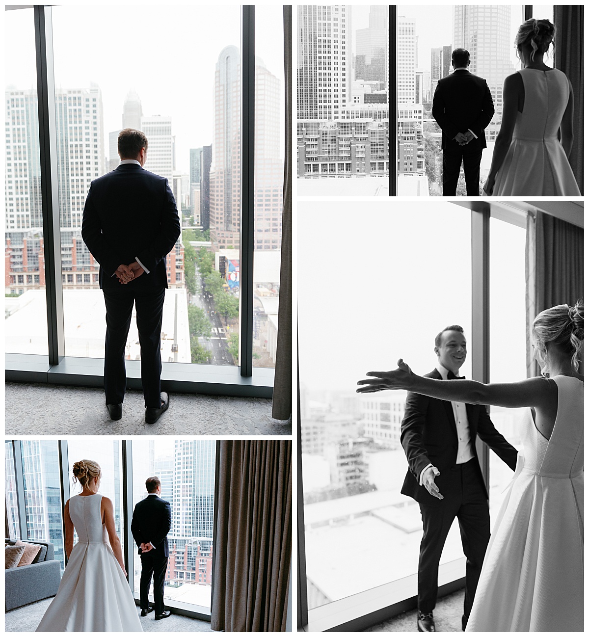 bride and groom have first look in front of large windows at The Ruth