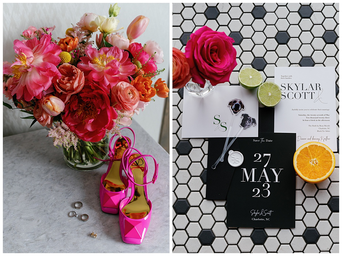 bride designed stationery sits alongside colorful citrus and florals by The Hazel Club