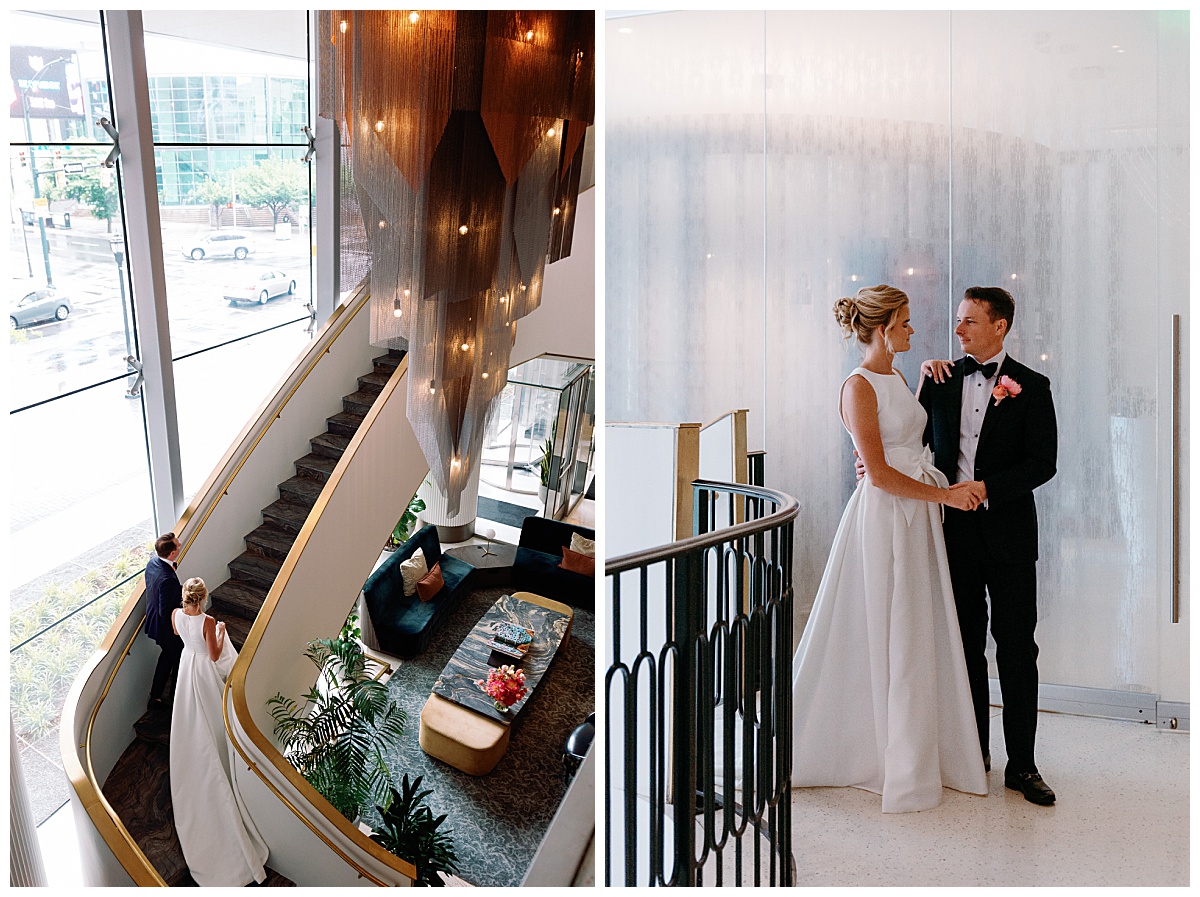 couple walks together up long staircase by The Hazel Club