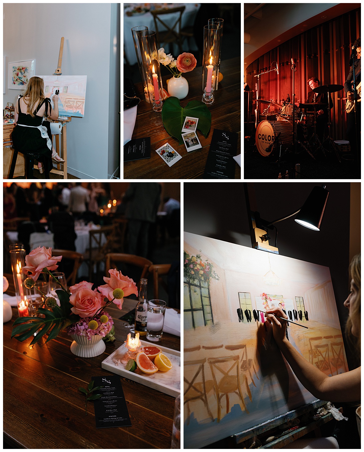artist paints the couple during the event while live band plays at The Ruth