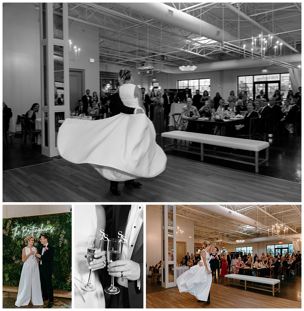 couple shares first dance together and toasts with glasses by Charlotte wedding photographer