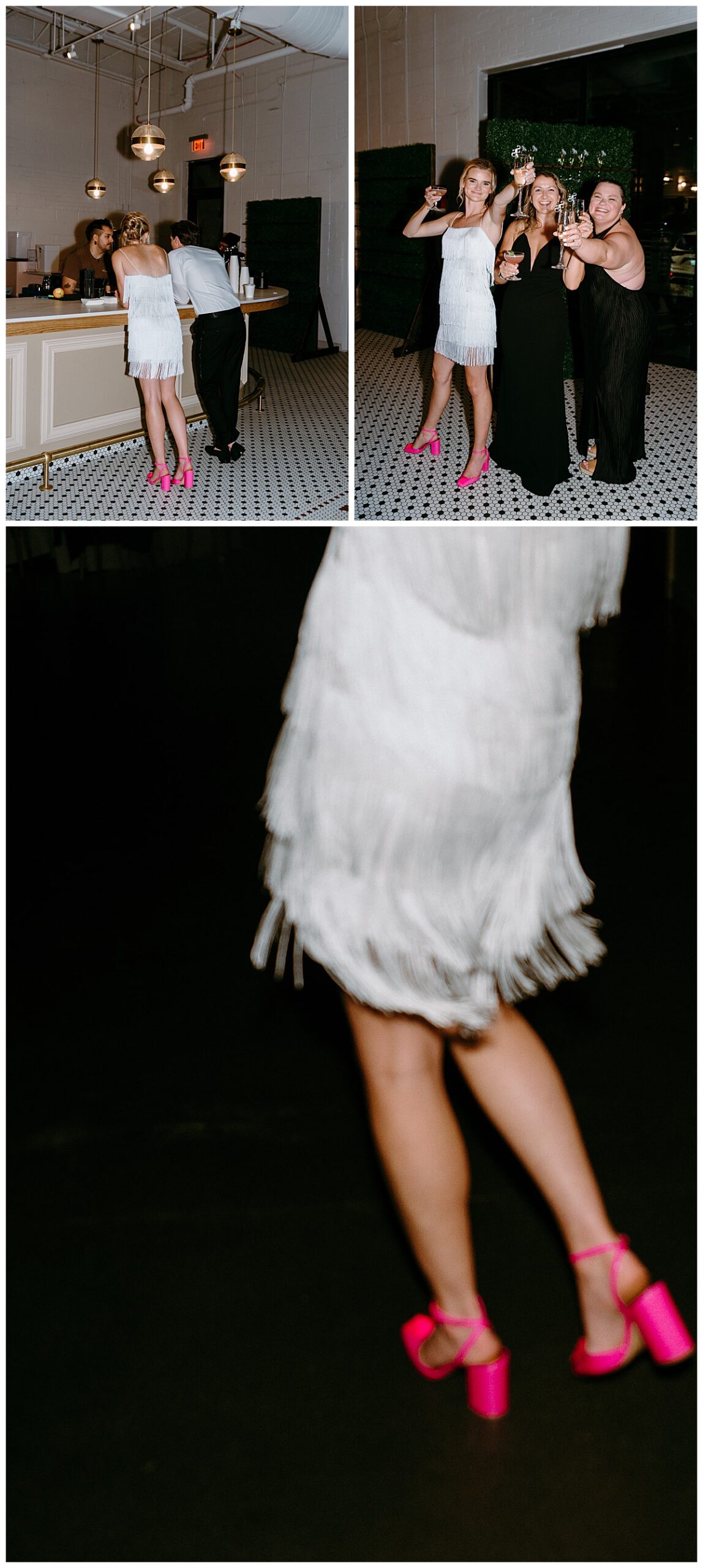 bride dances in fringed gown by Charlotte wedding photographer