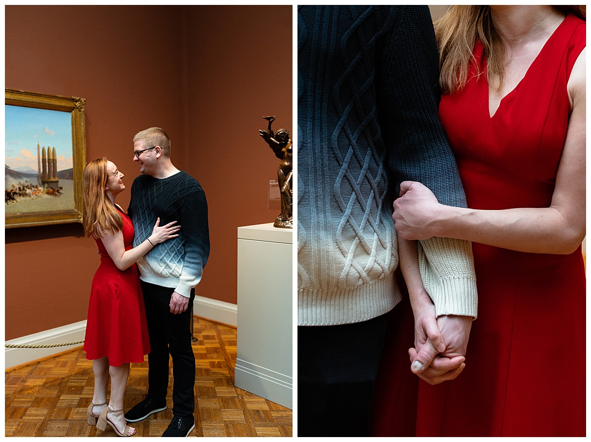 fiances hold hands in art gallery by The Hazel Club