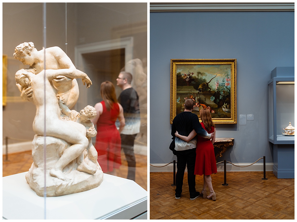 man puts arm around woman while looking at painting at Art Institute of Chicago