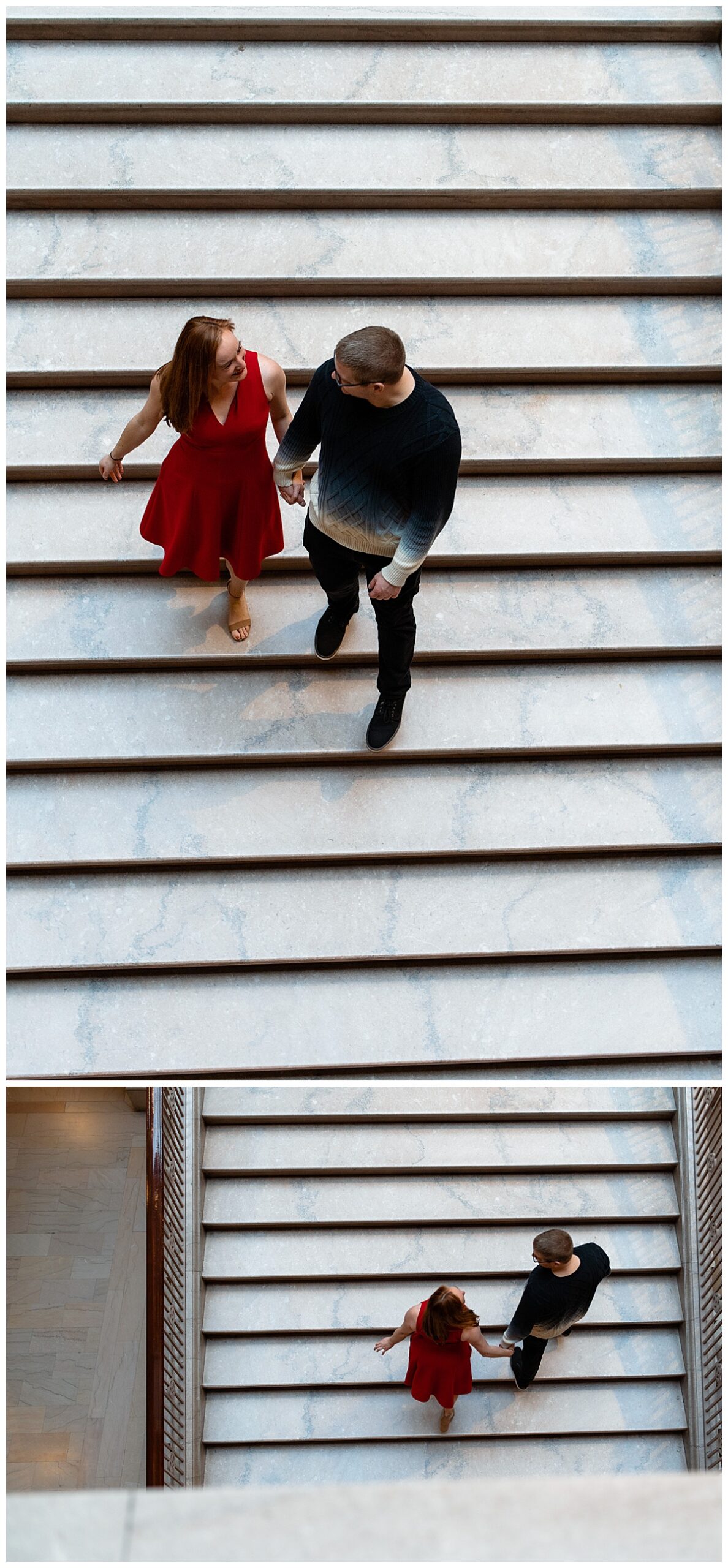 couple holds hands walking down large stairs by destination wedding photographer