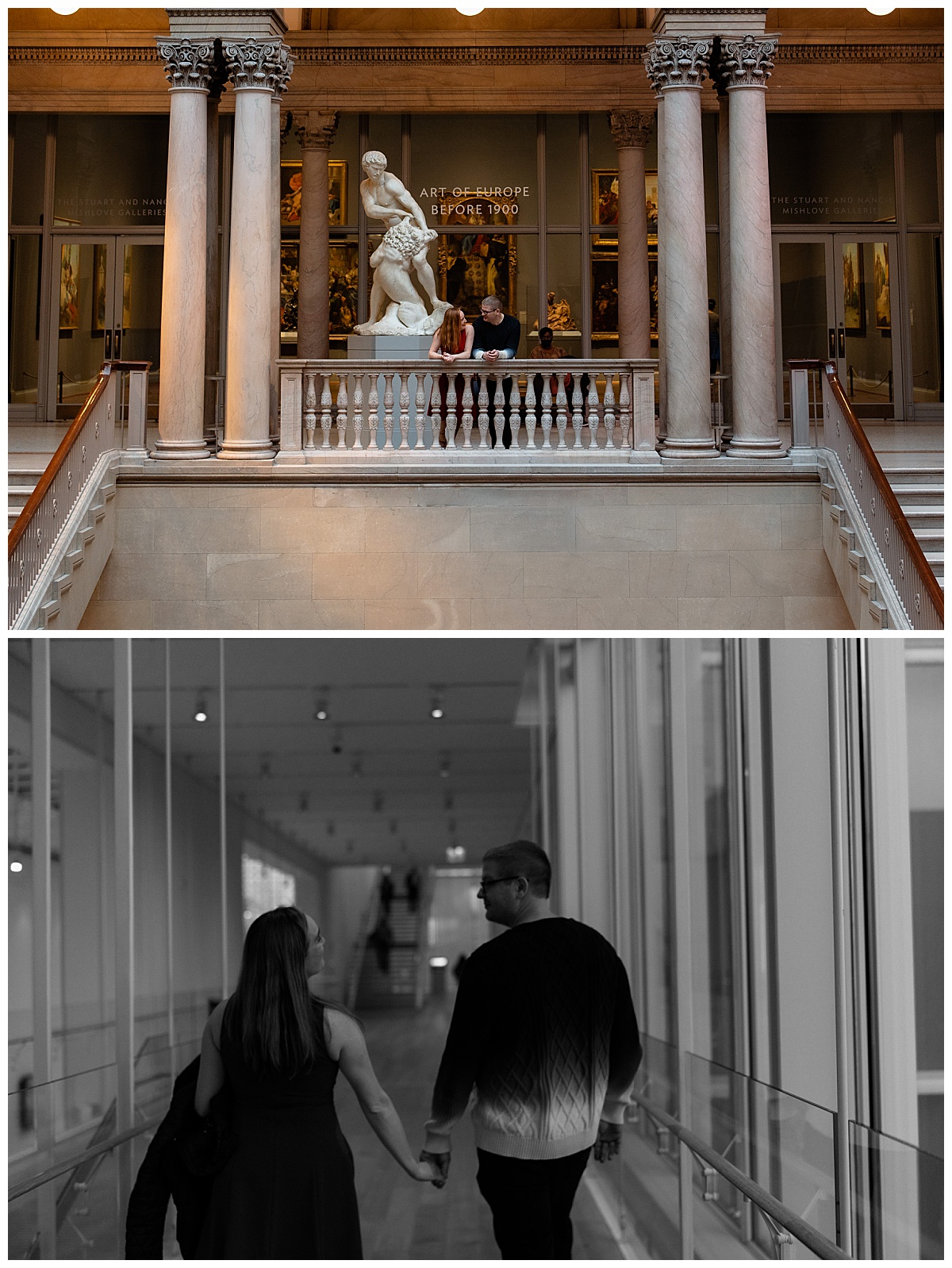 fiances lean on railing in art gallery by The Hazel Club