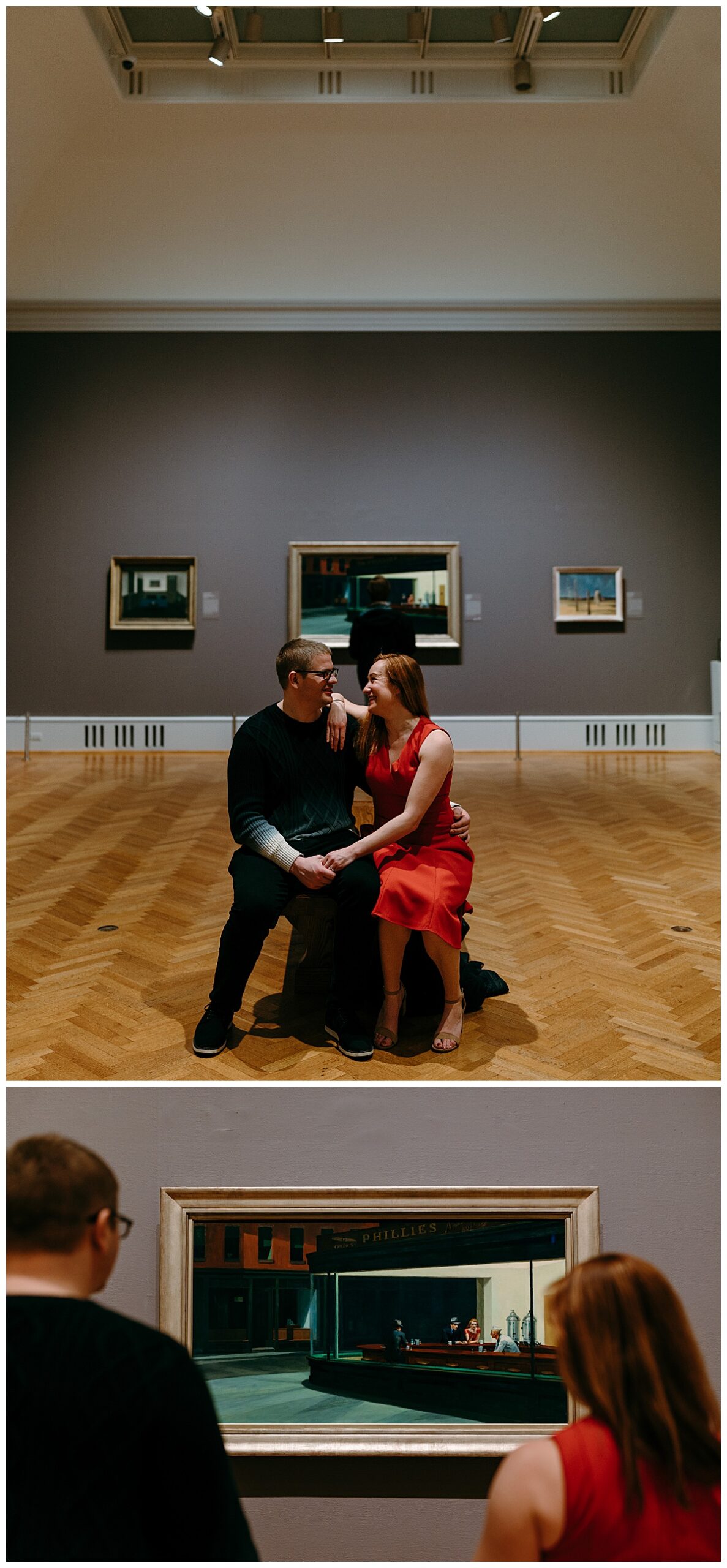couple sits on bench looking at each other by destination wedding photographer