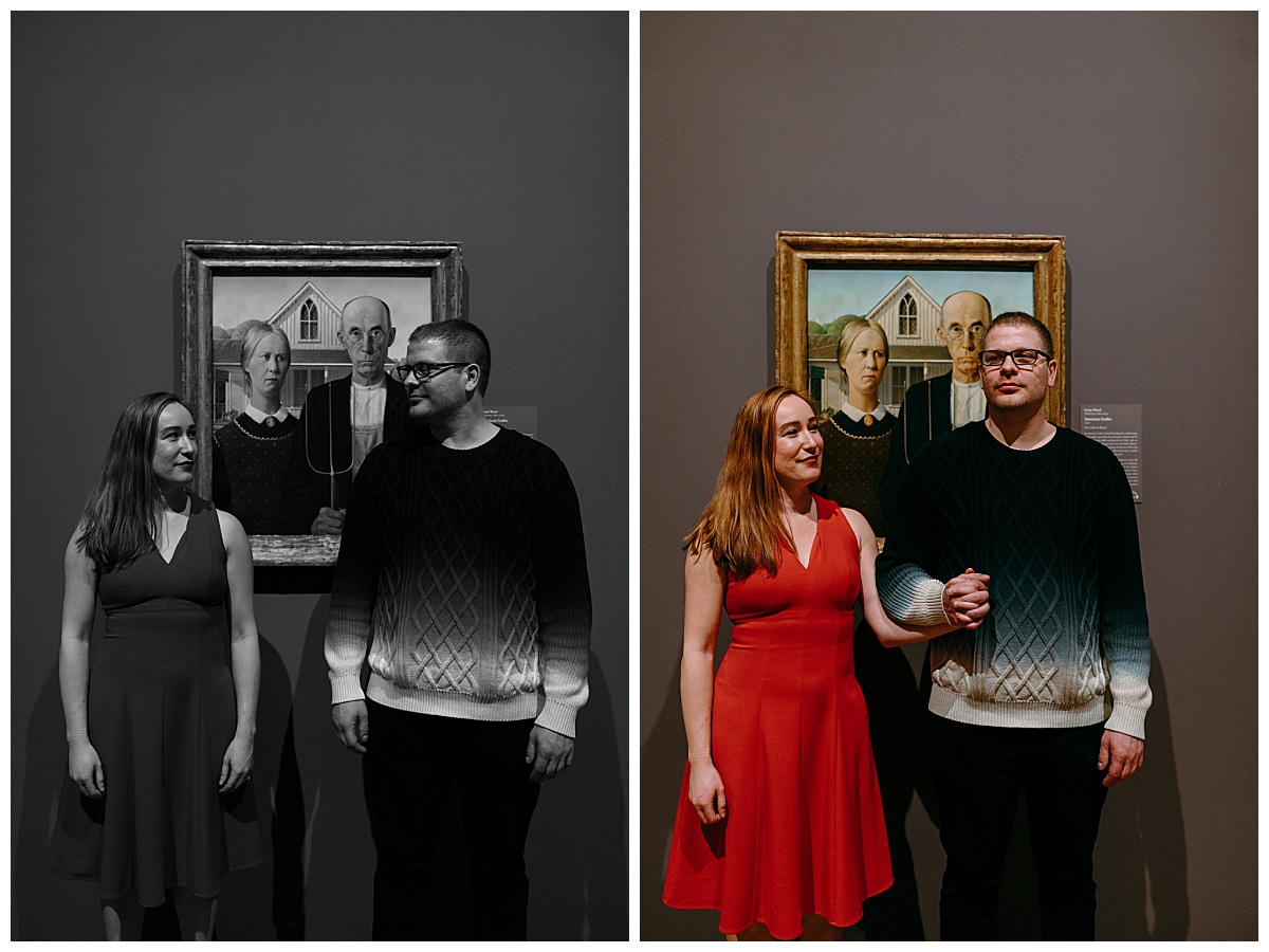 man and woman look serious pretending to be like painting behind them by The Hazel Club